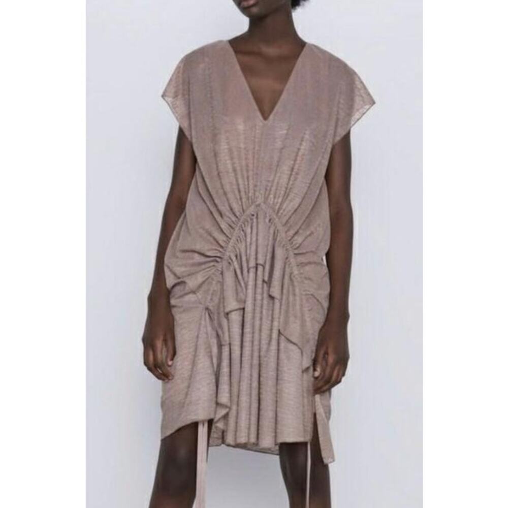 Zara Tan Tiered Ruffle Dress Boho Lagenlook Small